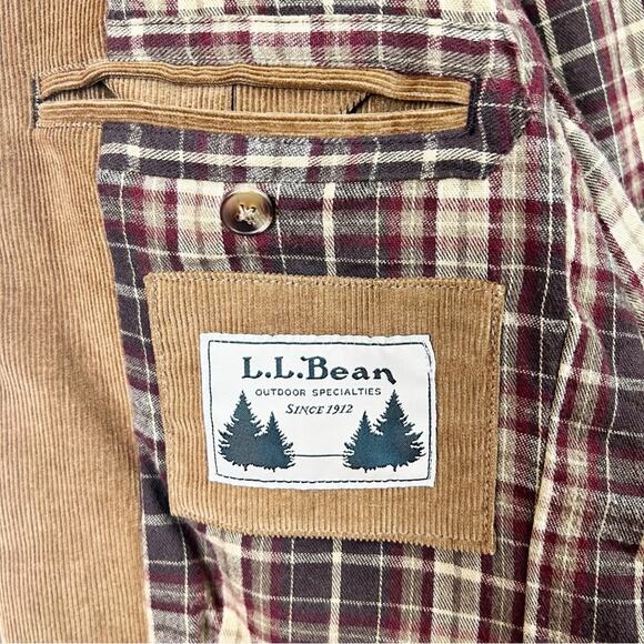LL Bean Blazer Mens 40R Camel Corduroy Flannel Plaid Lined Button Up Jacket - Picture 10 of 13